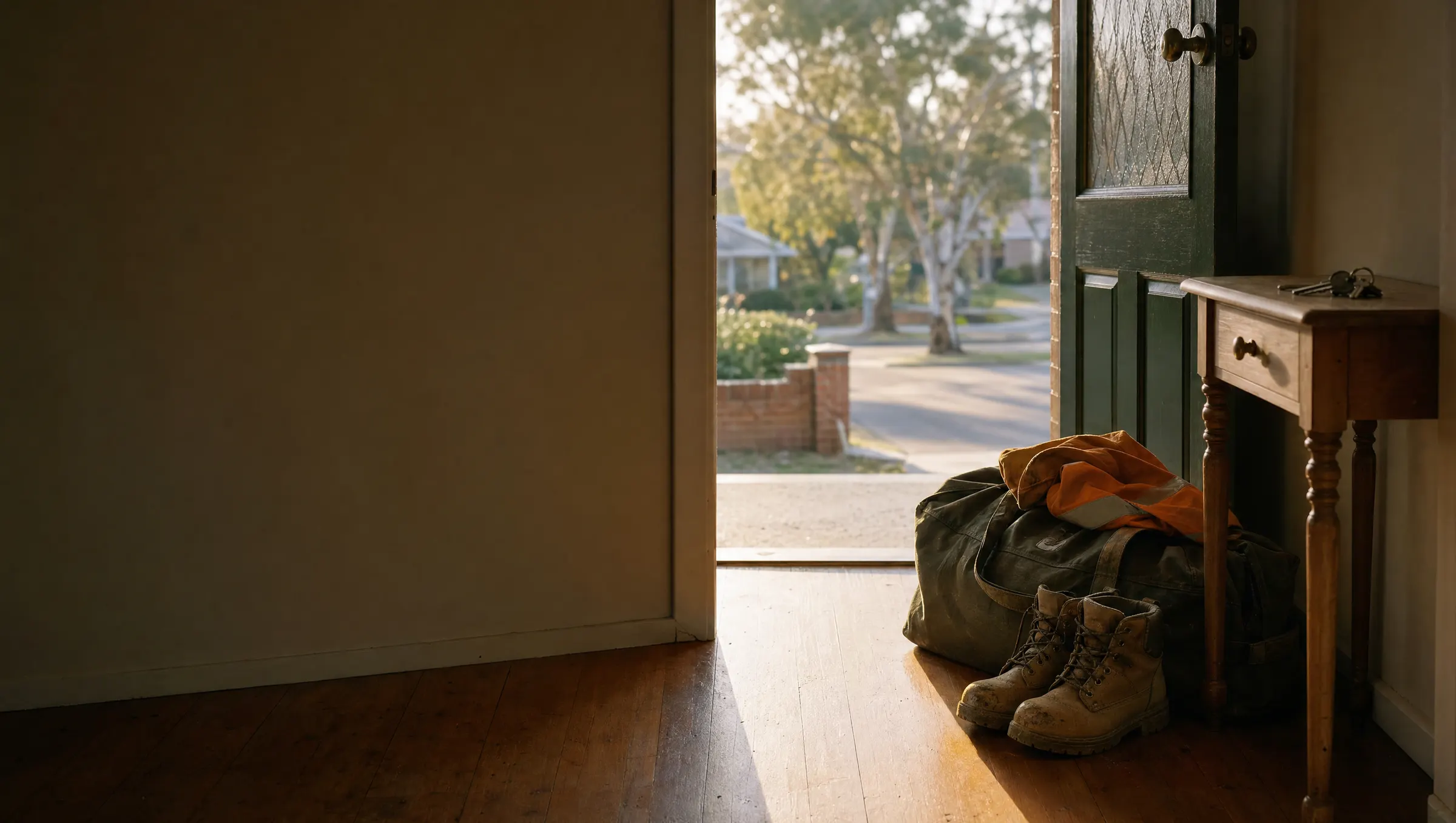 Work boots, a duffel bag and a hi-vis shirt by the open front door of a share house, late afternoon light on the street outside