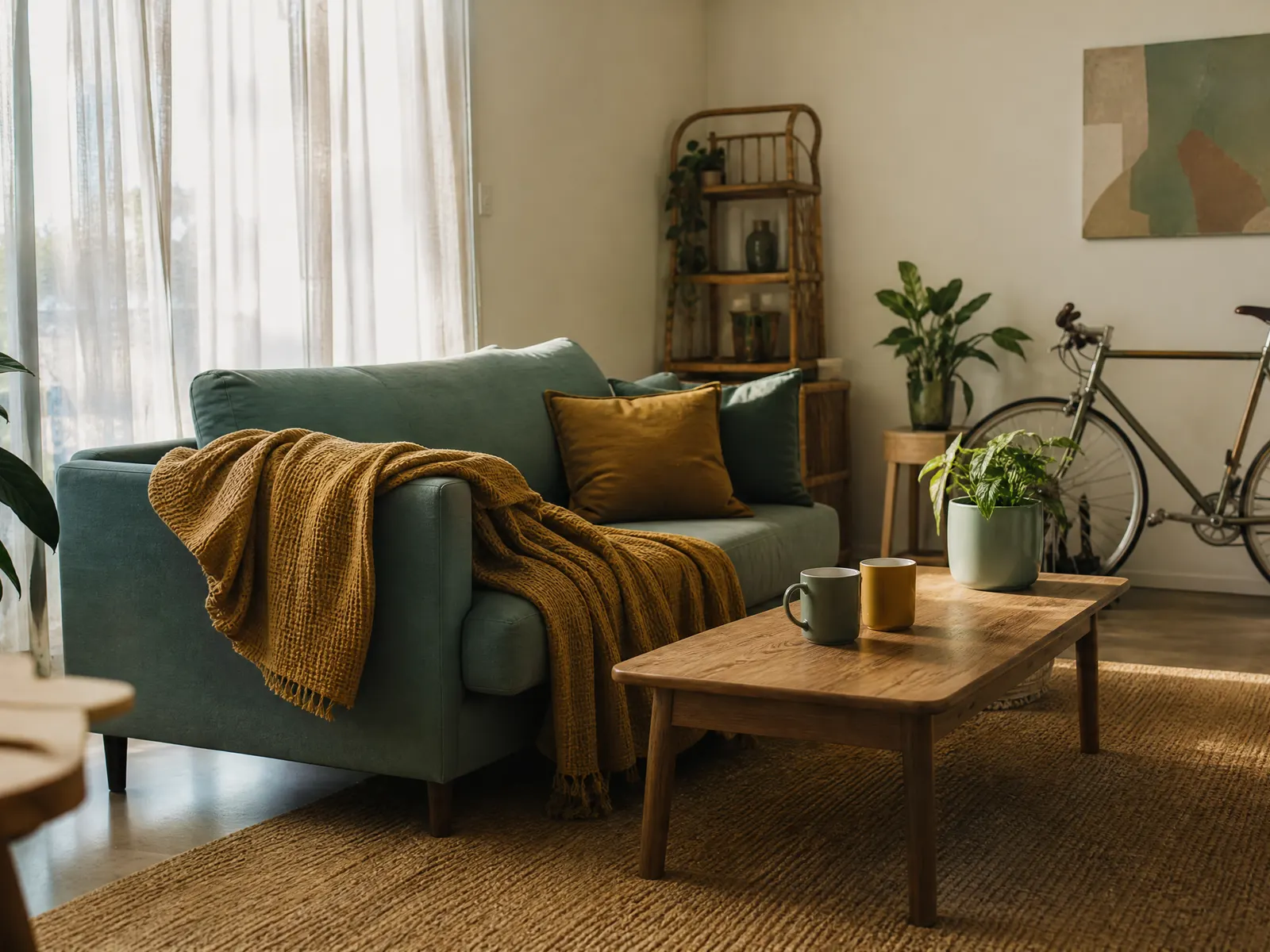 Shared living room in a share house: a sofa, a coffee table and a bike against the wall