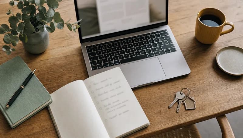 Laptop, notebook and house keys on a desk, ready to write a room ad