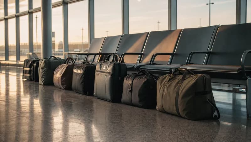 Work duffel bags lined up by empty seats in an airport departures hall at dawn