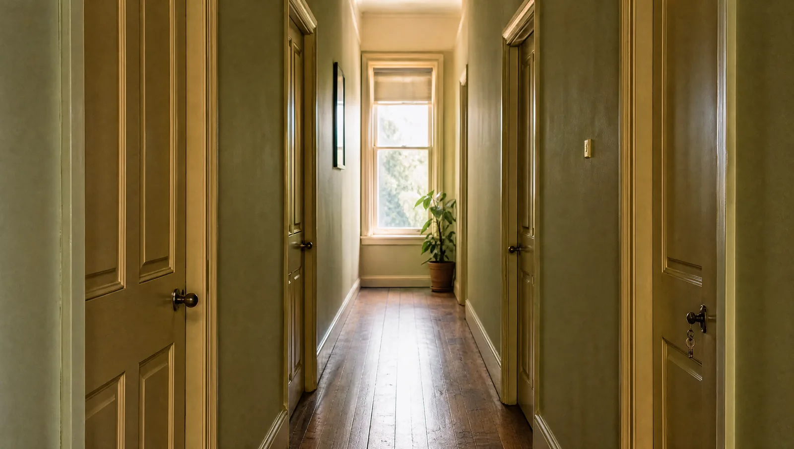 Hallway of a share house with closed bedroom doors and a key in one lock