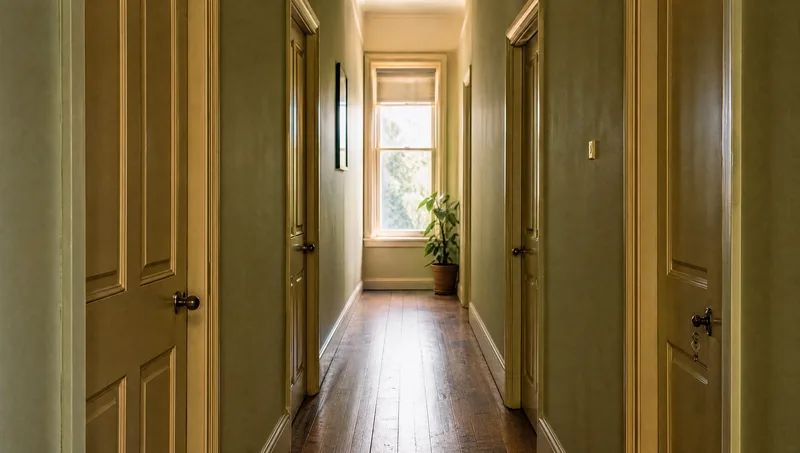 Hallway of a share house with closed bedroom doors and a key in one lock