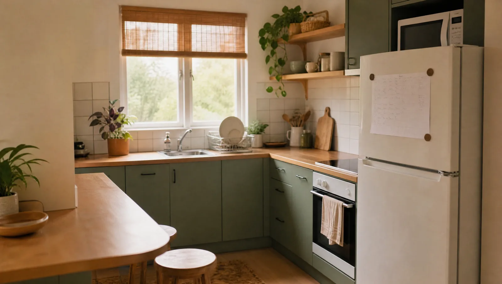 Clean shared kitchen with a handwritten cleaning roster on the fridge