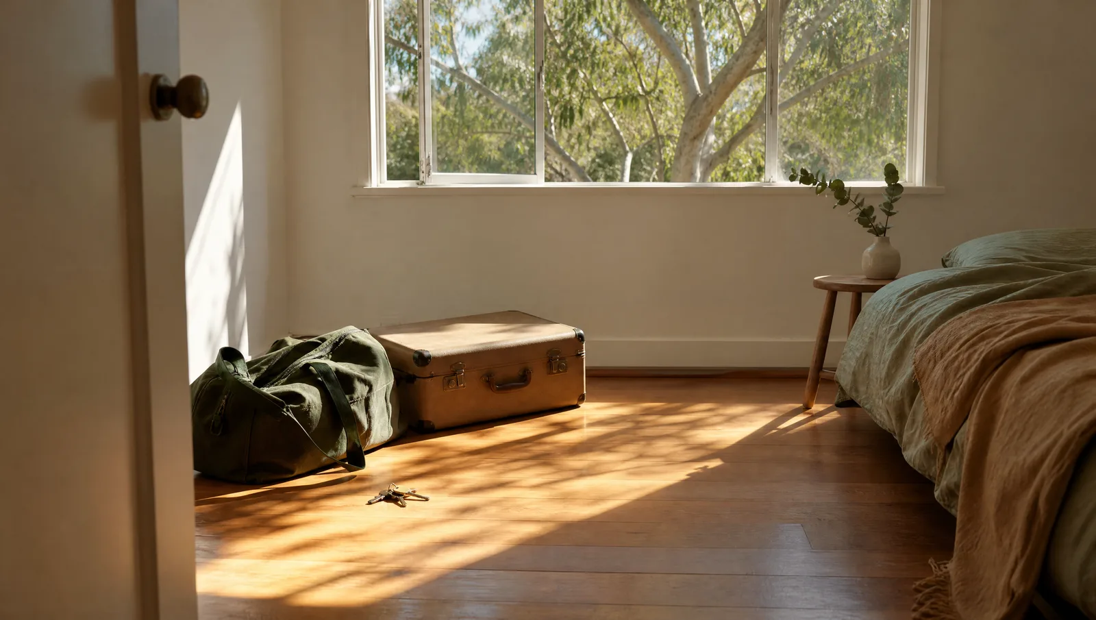 Suitcase, duffel bag and house keys on the floor of an empty sunlit bedroom