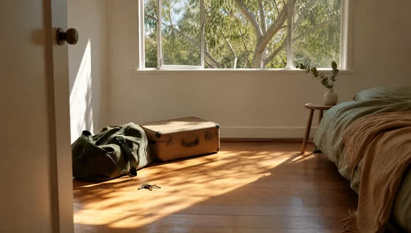 Suitcase, duffel bag and house keys on the floor of an empty sunlit bedroom