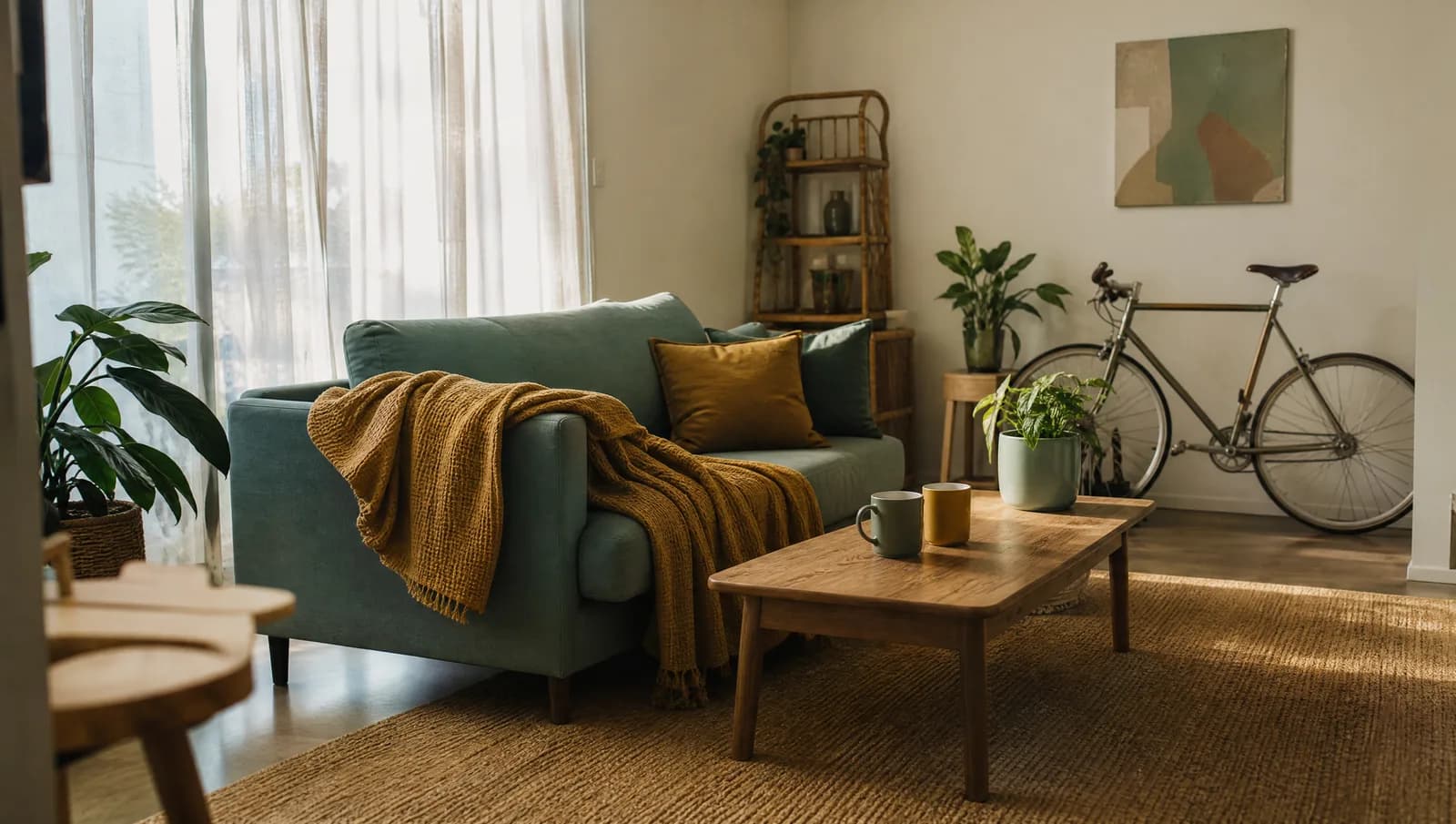 Shared living room in a Perth flatshare with a couch, two mugs and a bicycle