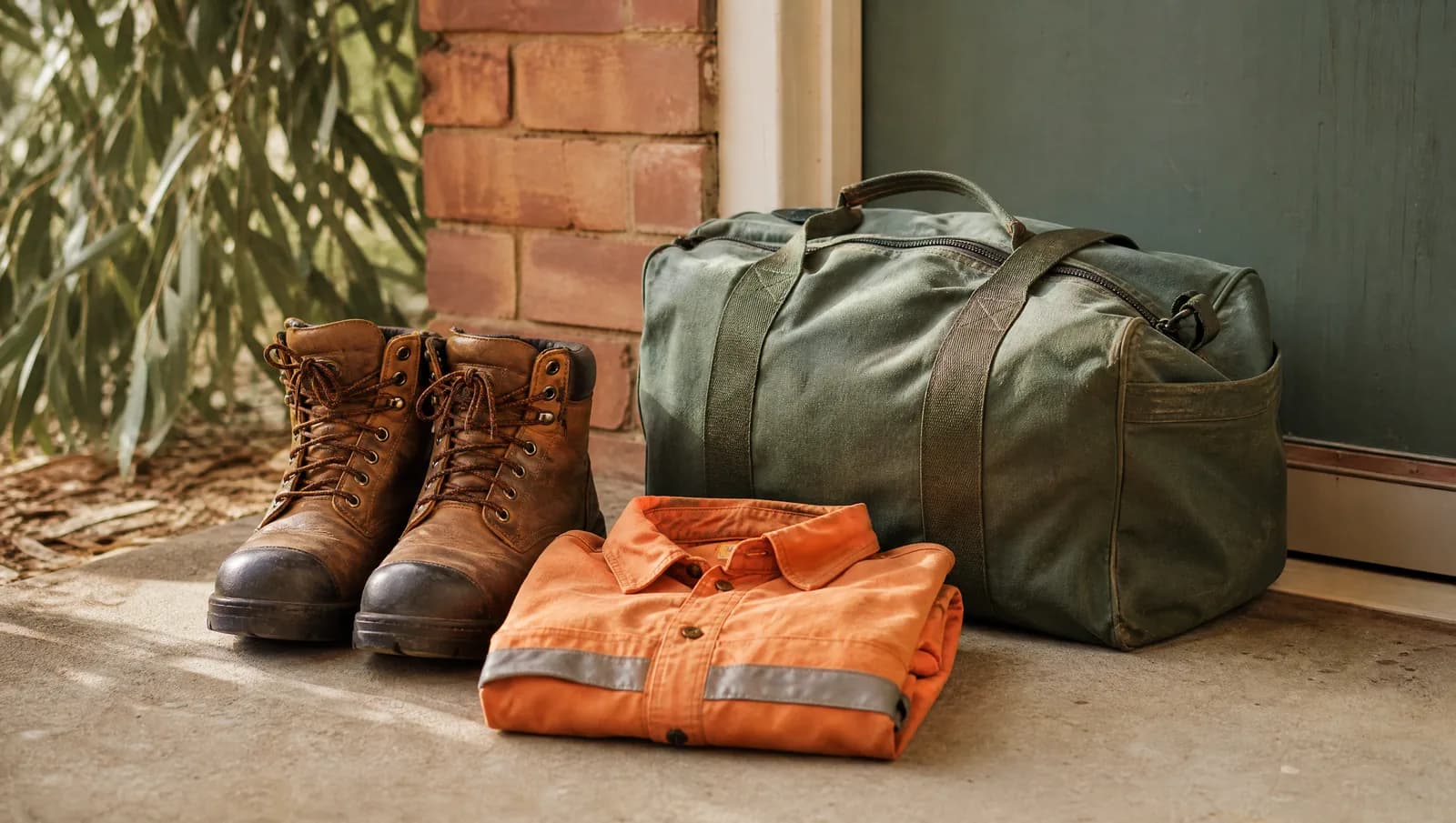 Steel-cap work boots, a folded hi-vis shirt and a packed duffel bag by a front door