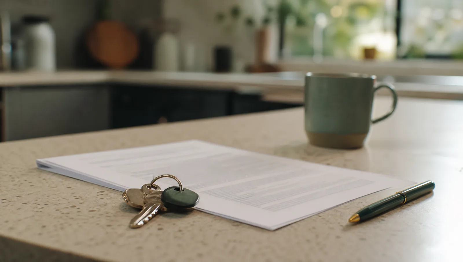 House keys lying on a printed rental agreement on a kitchen bench
