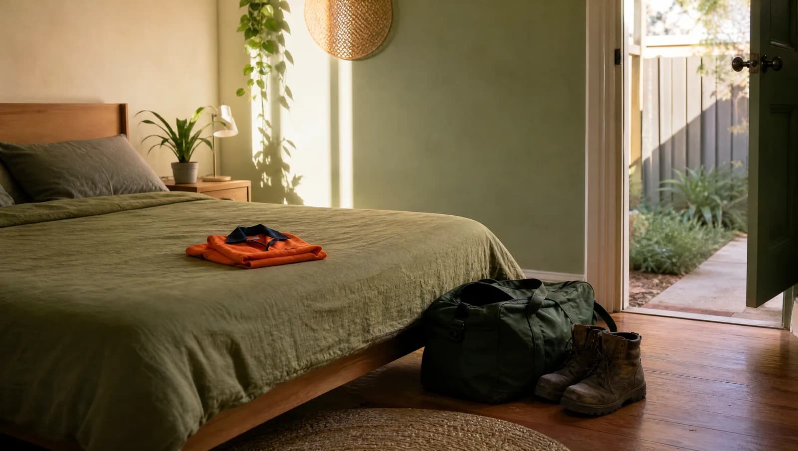 Tidy bedroom in a share house with a packed duffel bag and work boots by the door
